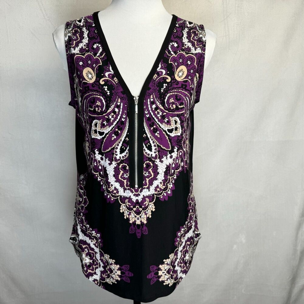 INC Top Sz XS Black with Purple Paisley VNeck Zipper Accent Sleeveless